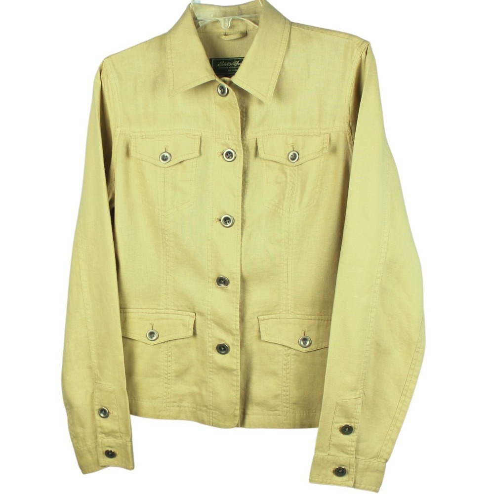 Eddie Bauer Linen Utility Jacket Safari Button Front M Tan Womens Neutral Tones
